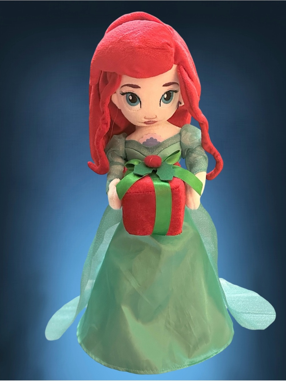 Disney  Ariel Plush Doll with Red Hair & Green Dress Holding Red Gift